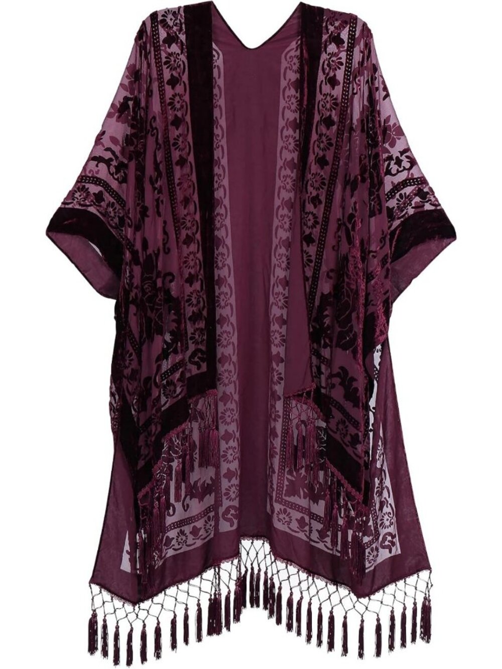 Chic Women's Burnout Velvet Kimono Cardigan Cover-Up with Tassel Detail